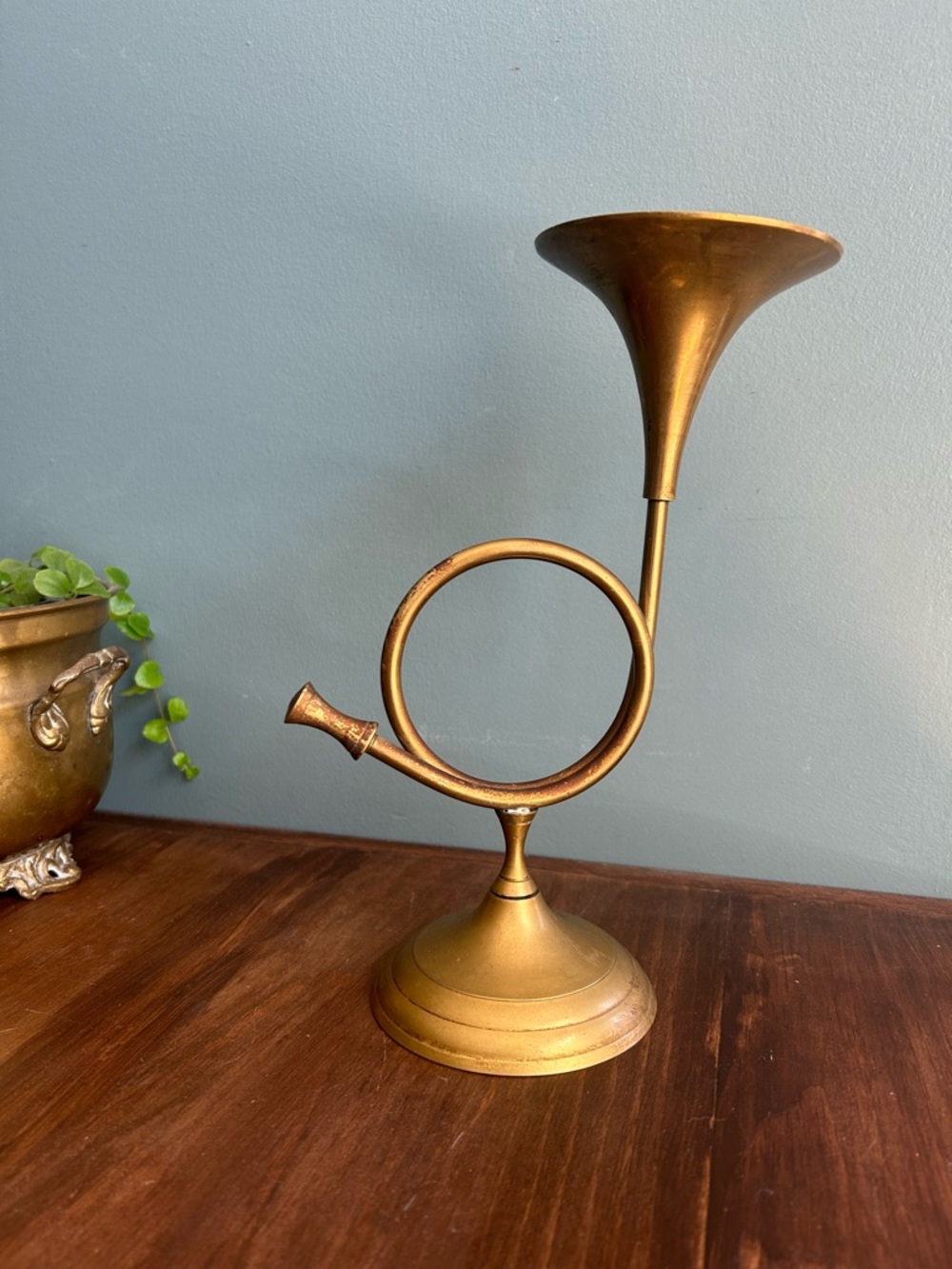 Vintage Brass Horn Candlestick Holder